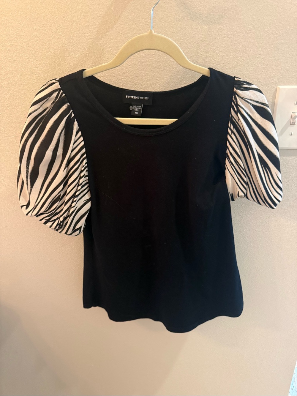Fifteen Twenty Black Tee with Zebra-Print Puff Sleeves